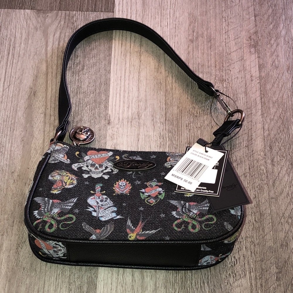 Ed Hardy Black Denim Multi Colored Tattoo Print Shoulder Bag Or Wristlet NWT